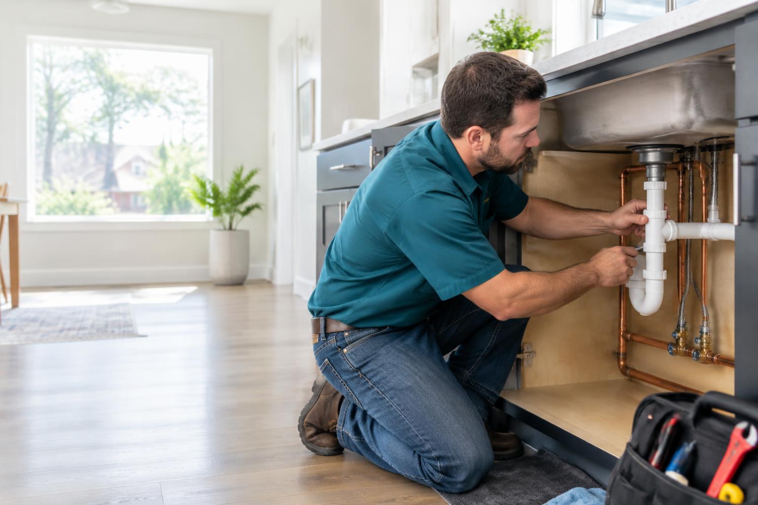 Plumber repairing household sink pipework